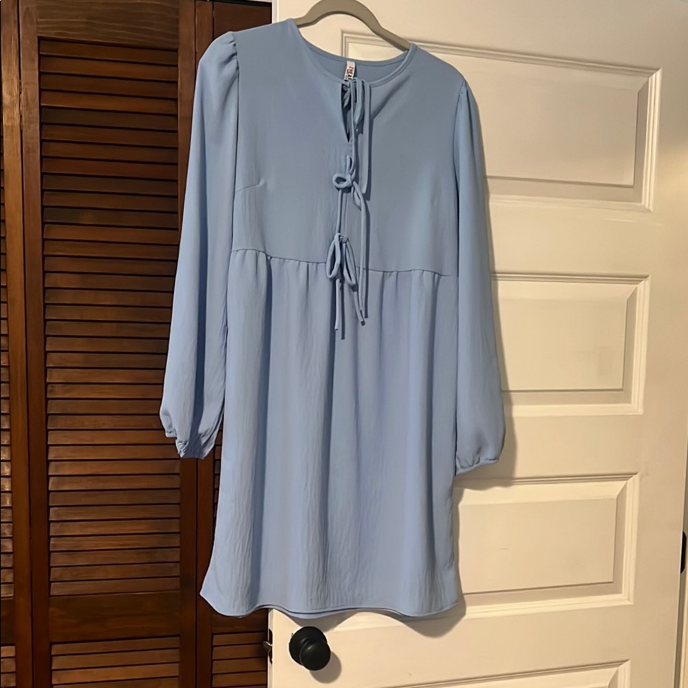 Blue Tie Front Long Sleeve Sundress